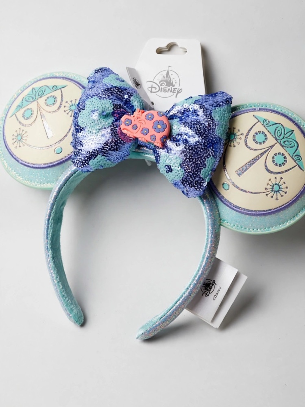 Disney Sequin Bow Ear Headband in Aqua Blue and Purple with Pink Heart Accent